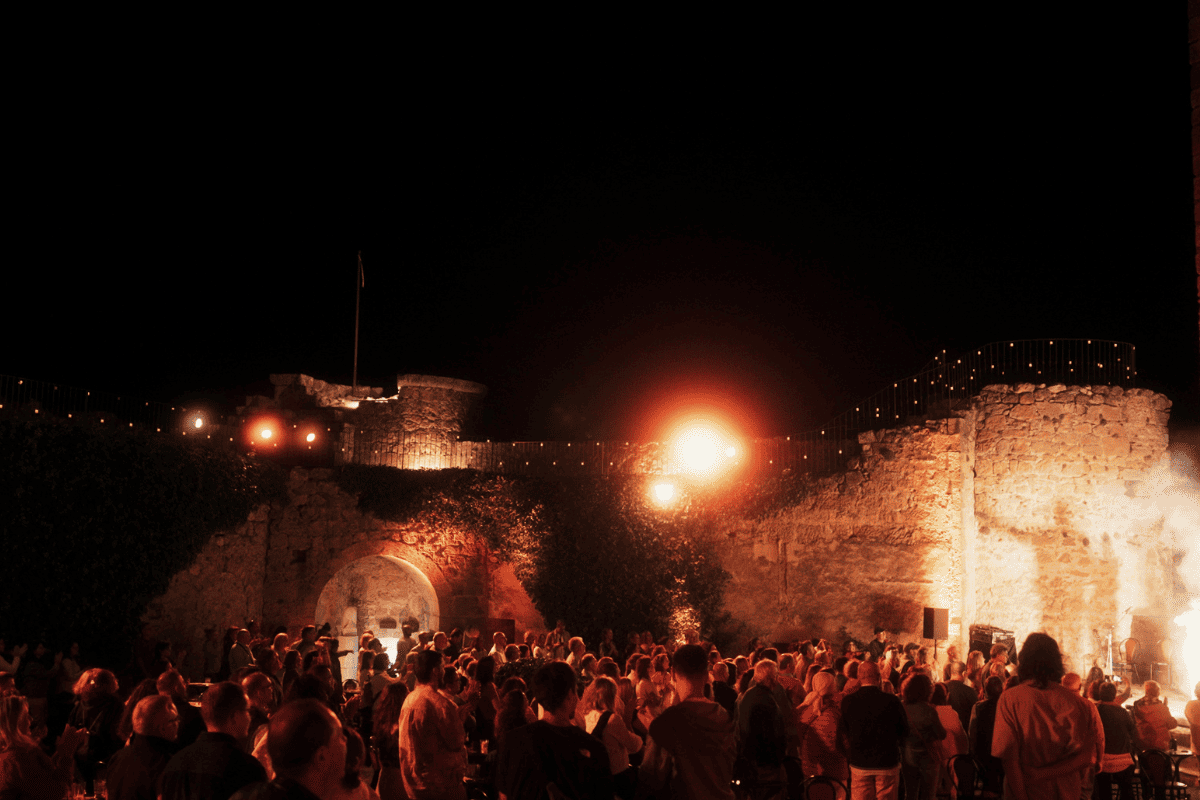 Público en concierto nocturno en castillo