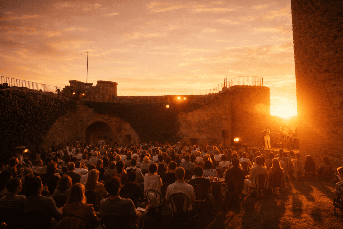 Concierto al atardecer en el castillo con público y escenario iluminado