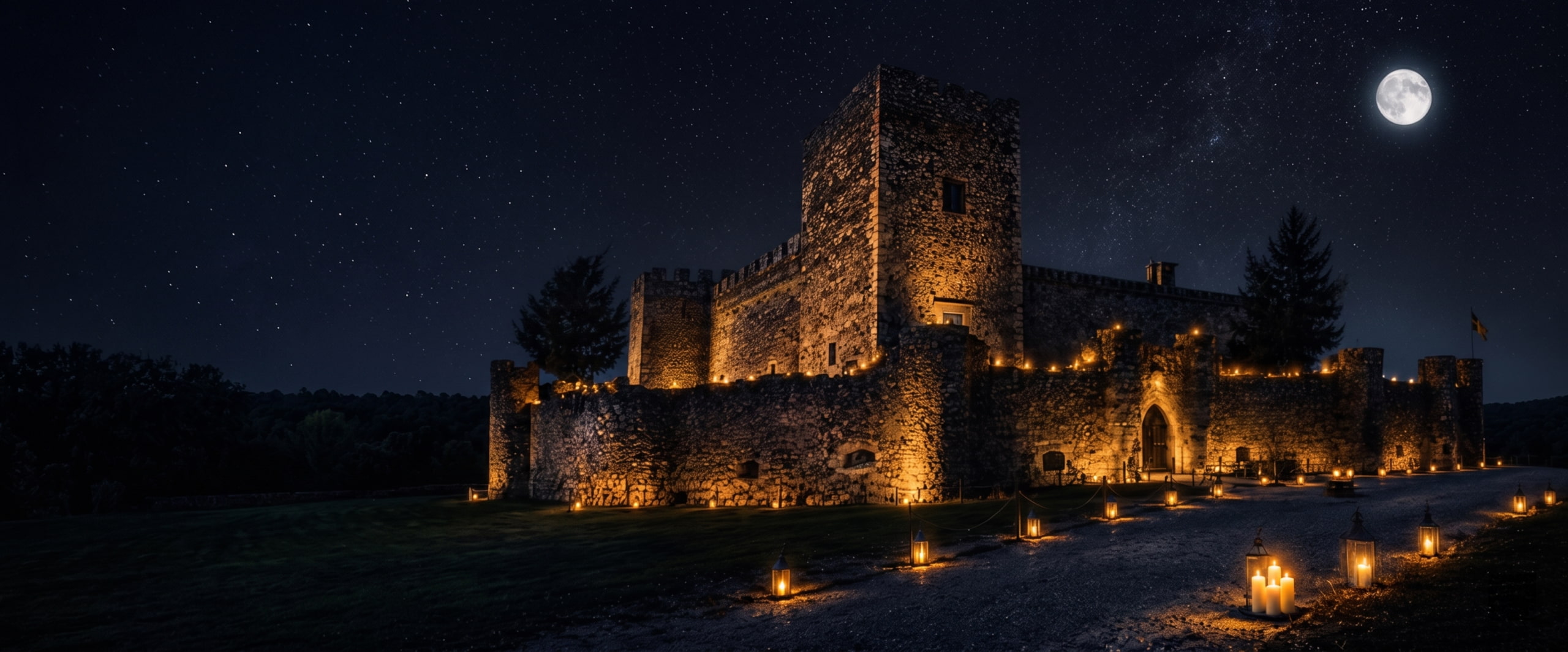 Castillo de Pedraza iluminado por velas bajo un cielo estrellado